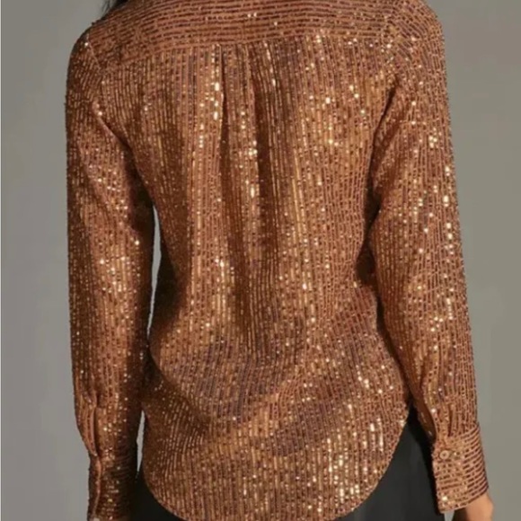 Anthropologie Bronze Sequin Blouse $130 Top XS Small Petite L/S Button Down NWT - Picture 3 of 12